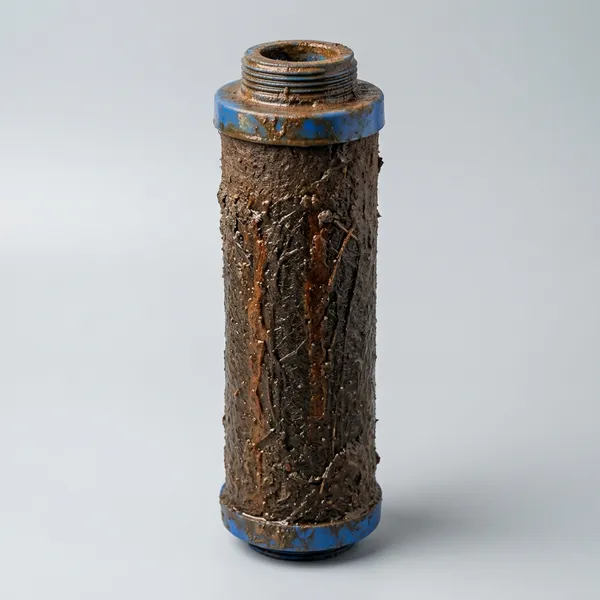 Dirty water filter cartridge showing heavy soil buildup